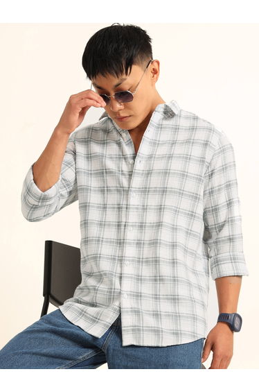 Men White Checked Spread Collar Shirt