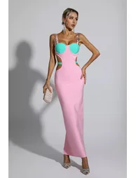 فستان ماكسي ميتاليك بنمط شرائح - زهري