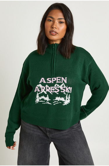 Plus Aspen Apres Ski Half Zip Christmas Jumper - green