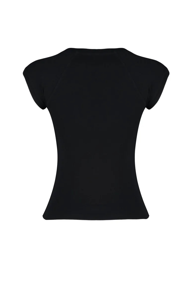Black Moon Sleeve Fitted Stretchy Knitted Blouse - 7
