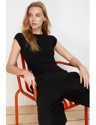 Black Moon Sleeve Fitted Stretchy Knitted Blouse - 2
