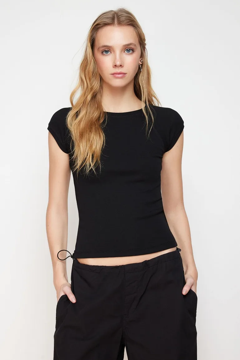 Black Moon Sleeve Fitted Stretchy Knitted Blouse - 1
