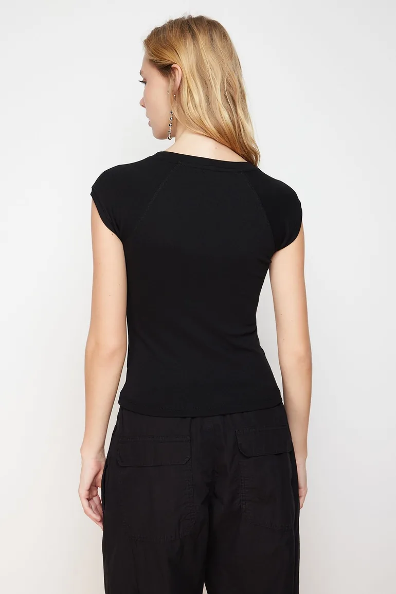 Black Moon Sleeve Fitted Stretchy Knitted Blouse - 5