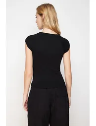 Black Moon Sleeve Fitted Stretchy Knitted Blouse - 5