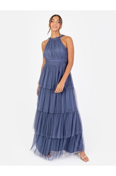 Anaya With Love Recycled Indigo Blue Halter Neck Tiered Maxi Dress