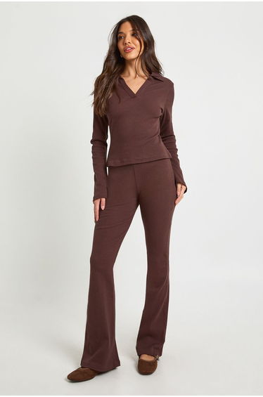 Ribbed Flare Leggings - chocolate