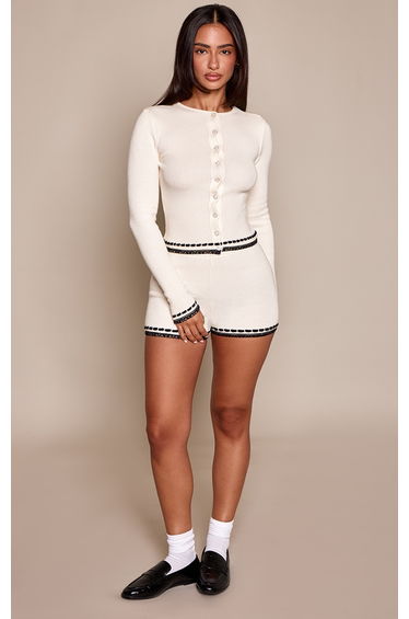 Petite Cream Knit Contrast Detail Shorts