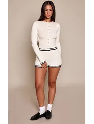 Petite Cream Knit Contrast Detail Shorts