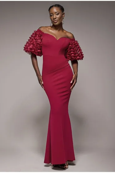 Off The Shoulder 3D Puffed Sleeve Sweetheart Maxi Dress - Burgundy by Goddiva