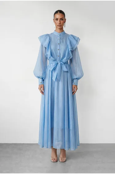 Soft Whisper Blue Rhinestone Ruffle Maxi Dress