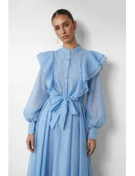 فستان سانفير قميص شيفون أزرق ماكسي على شكل حرف A بأكمام طويلة - 1