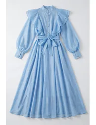 فستان سانفير قميص شيفون أزرق ماكسي على شكل حرف A بأكمام طويلة - 6