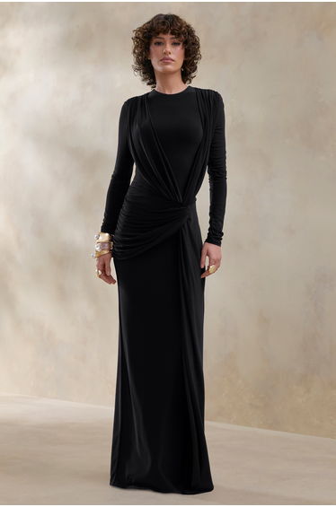Desirelle | Black Crew-Neck Maxi Dress With Gathered-Detailing