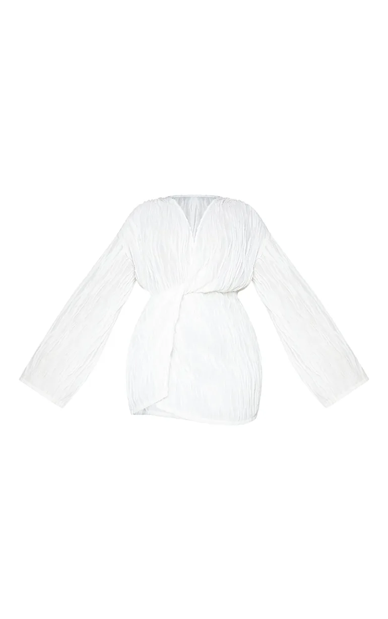 Plus White Textured Wrap Front Dress - 4