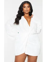 Plus White Textured Wrap Front Dress - 1