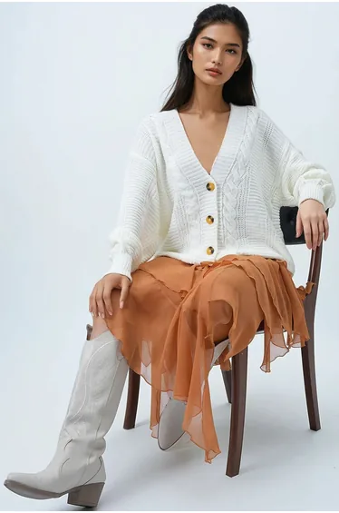 Women's Ecru V-Neck Hair Knit Patterned Balloon Sleeve Knitwear Cardigan