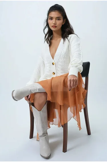 Women's Ecru V-Neck Hair Knit Patterned Balloon Sleeve Knitwear Cardigan