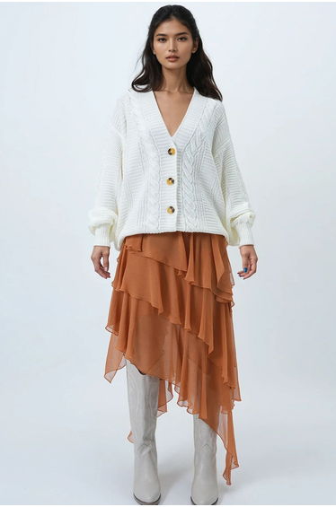 Women's Ecru V-Neck Hair Knit Patterned Balloon Sleeve Knitwear Cardigan