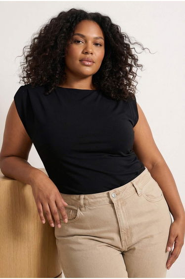 Black Draped Shoulder Pad Pack Fitted/Flexible Knitted Blouse