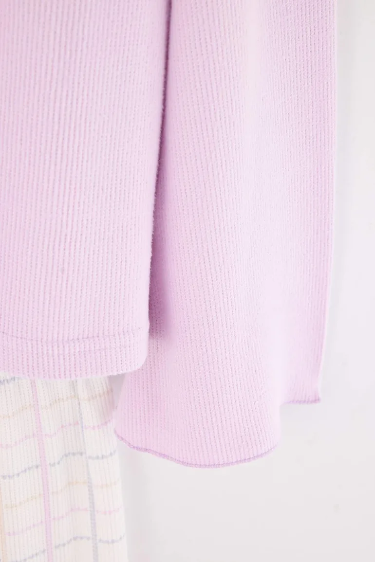 Lilac Heart Embroidered Plaid Soft Waffle Knitted Pajama Set - 5