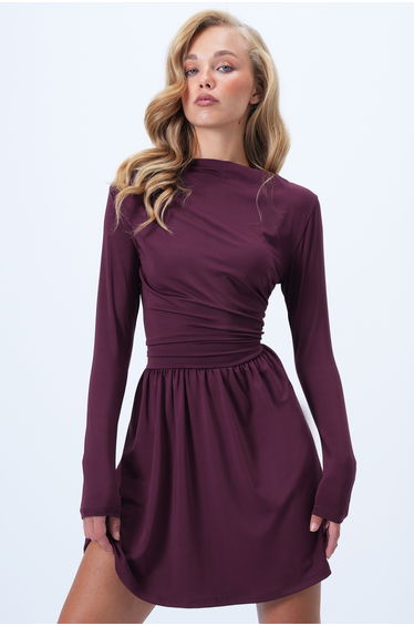 Women's Burgundy Low Collar Drape Detailed Sandy Flared Dress
