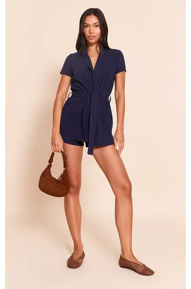 Navy Linen Look Wrap Skort Playsuit