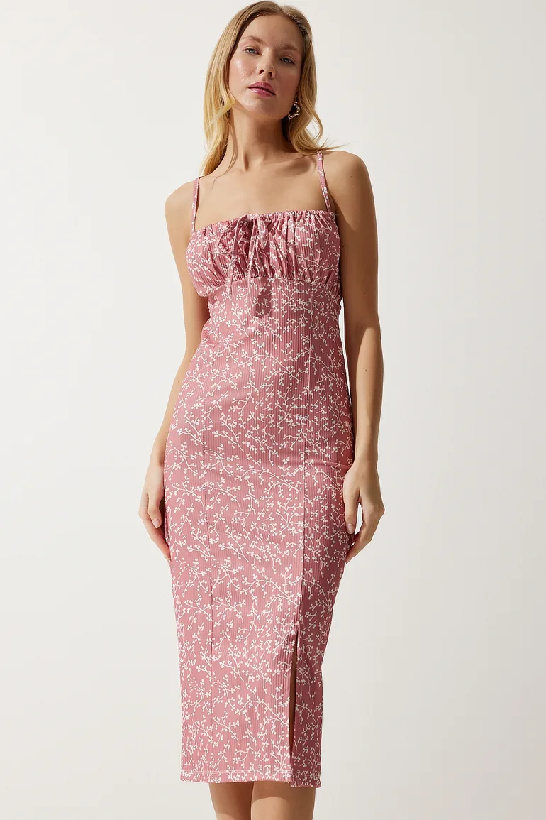 Women's Pale White Pink Floral Slit Knitted Summer Dress - 1