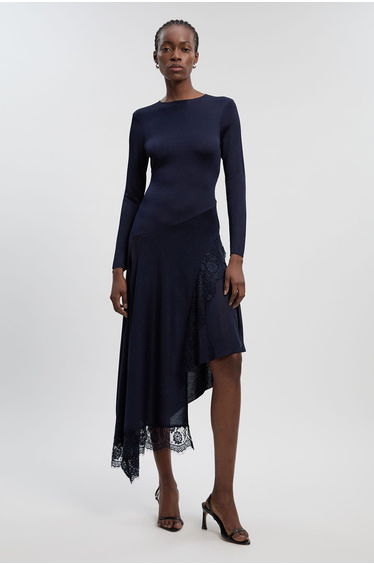 Viscose Blend Slinky Sheer Lace Detail Asymmetric Knit Maxi Dress