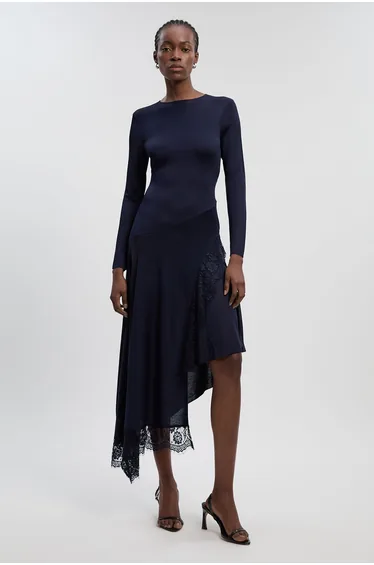 Viscose Blend Slinky Sheer Lace Detail Asymmetric Knit Maxi Dress