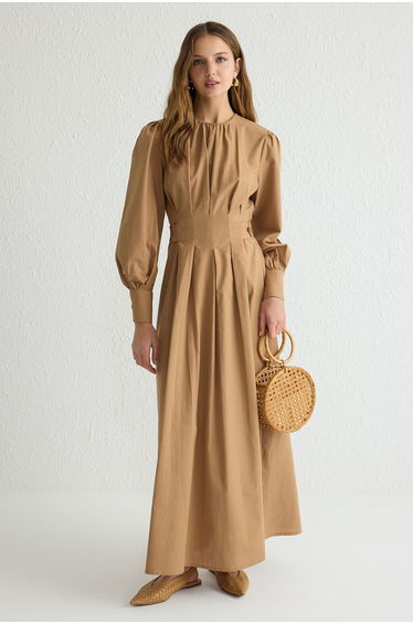 Camel Linen Look Pleated Woven Dress