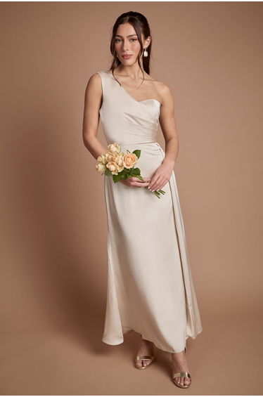 One Shoulder Wrap Bodice Maxi Bridesmaid Dress
