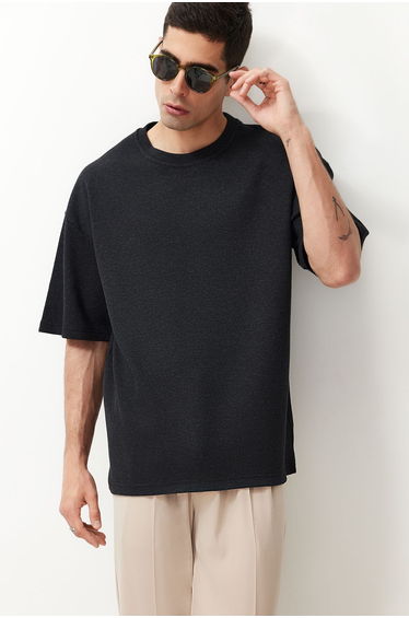 Men's Basic Anthracite Oversize/Wide-Fit Textured Waffle Short Sleeve T-Shirt