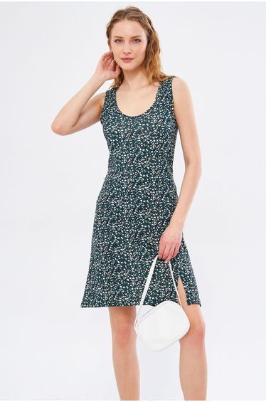 Women's Black Ikosidio Dress Body-Fitting Sleeveless Front Slit Mini-Length