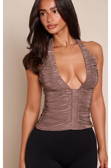 Petite Mushroom Ruched Detail Deep Cut Slinky Cami Top