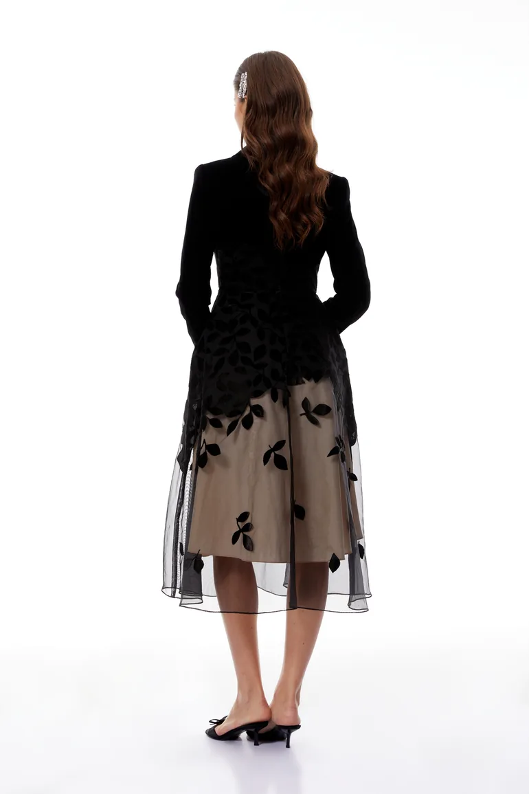 Brielle Black Leaf Embroidered Velvet Midi Dress - 2