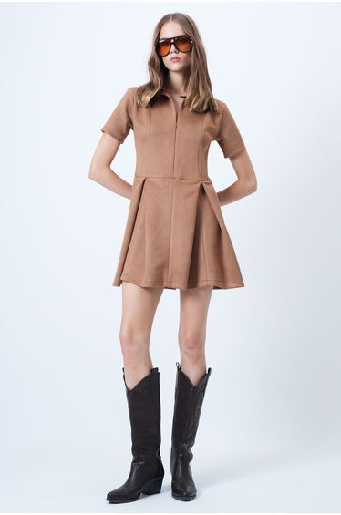 Women's Milk Coffee Pleated Detailed Suede Mini Dress