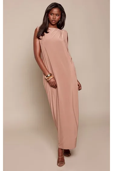 Taupe Slinky Open Back Strappy Maxi Dress