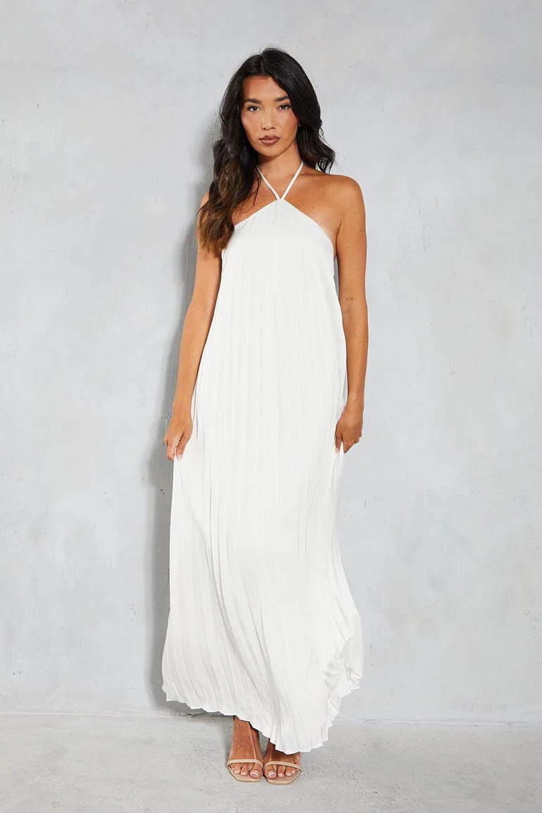 Satin Pleated Strappy Halterneck Low Back Maxi Dress