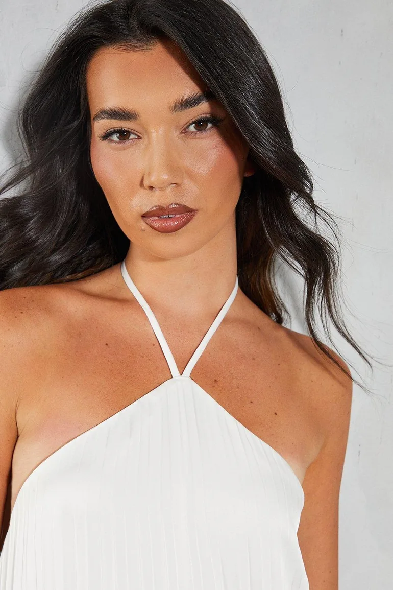 Satin Pleated Strappy Halterneck Low Back Maxi Dress - 3