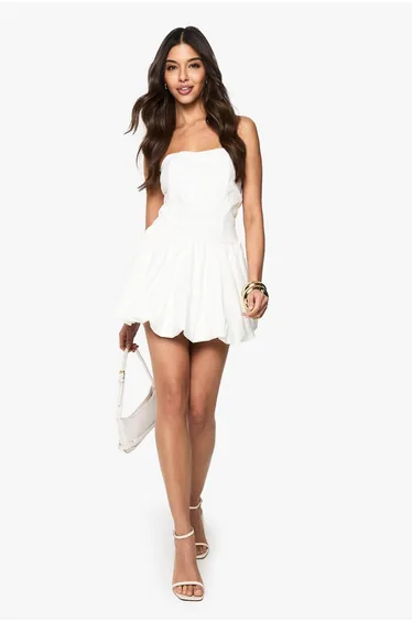 Petite Puffball Bandeau Mini Dress - white