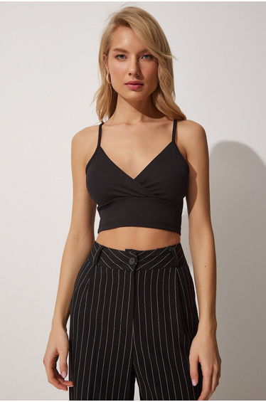 Women's Black Straps Crop Knitted Bustier