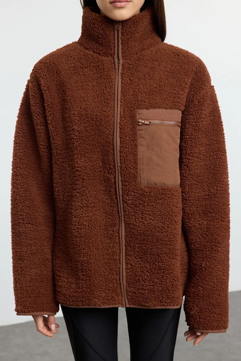 Winter Essentials Brown Thick Fleece Zipper Stand Collar Pocket Knitted Sweatshirt - 3