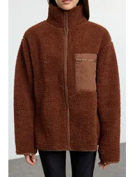 Winter Essentials Brown Thick Fleece Zipper Stand Collar Pocket Knitted Sweatshirt - 3