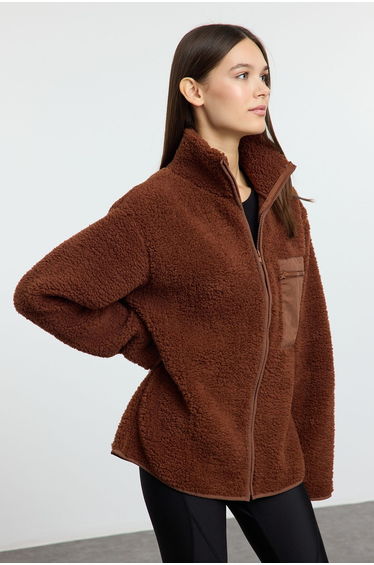 Winter Essentials Brown Thick Fleece Zipper Stand Collar Pocket Knitted Sweatshirt