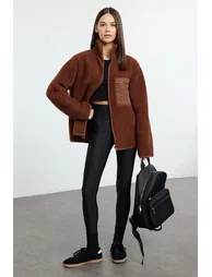 Winter Essentials Brown Thick Fleece Zipper Stand Collar Pocket Knitted Sweatshirt - 1