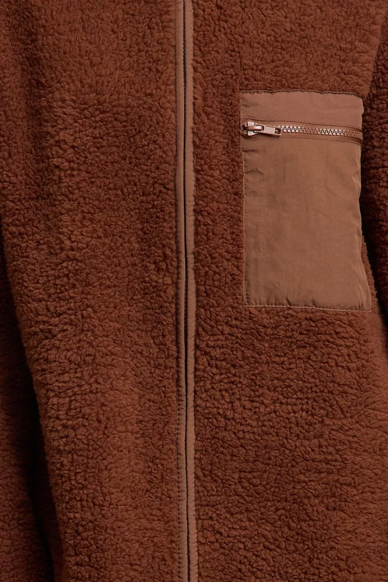 Winter Essentials Brown Thick Fleece Zipper Stand Collar Pocket Knitted Sweatshirt - 2