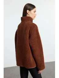 Winter Essentials Brown Thick Fleece Zipper Stand Collar Pocket Knitted Sweatshirt - 4