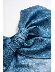 Denim Print Asymmetrical Twist Knot Strapless Tube Top - 2