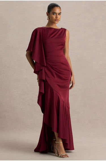 Freya | Burgundy Satin Boat-Neck Maxi Dress With Front Split And Ruched Detailing