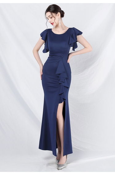 Glamorous Ruffle Trim Slit Mermaid Gown in Navy
